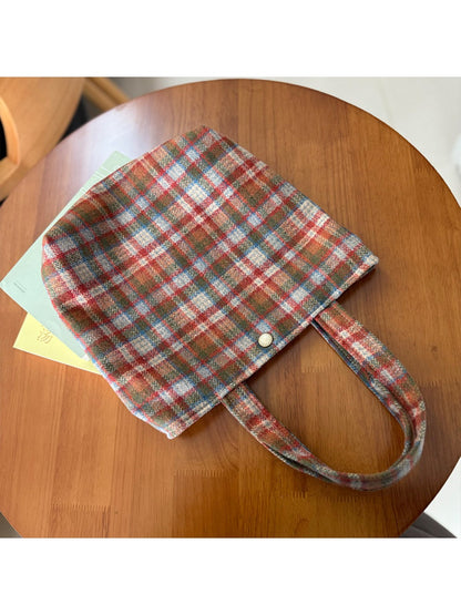 Cosbai - Canvas Shoulder Bag with Orange Plaid Patterns