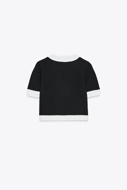 Fashionable Contrast Color Knitted Short-sleeved Button-down Top