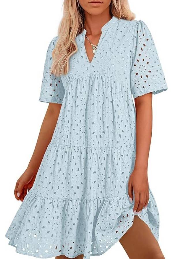 Women's V Neck Short Sleeve Hollow Out Mini Vacation Dress