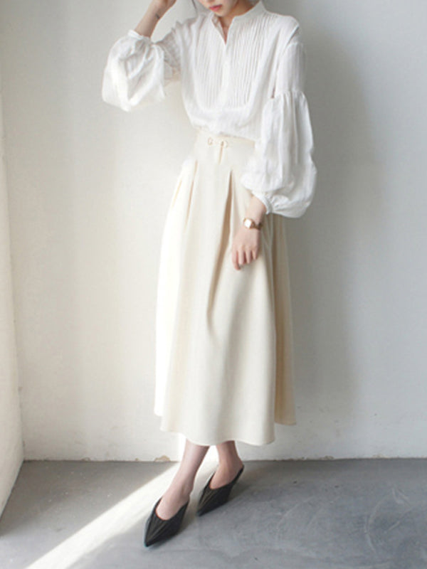 Loose Wrap Buttoned Pleated Solid Color Split-Joint Striped Blouses&Shirts Tops