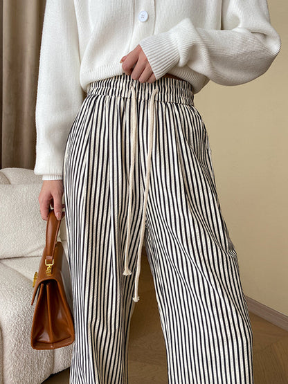 High Waisted Wide Leg Contrast Color Elasticity Split-Joint Striped Pants Trousers