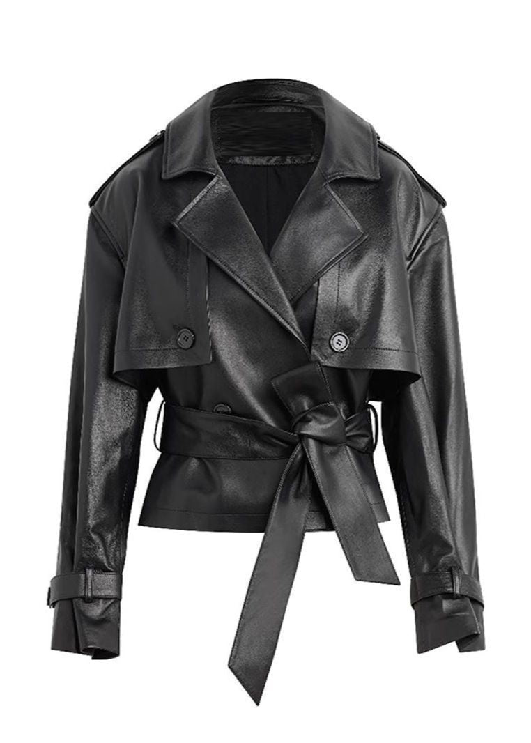 Faux Leather Cropped Belted Trench Jacket