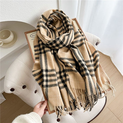 Color Block Plaid Fringe Scarf