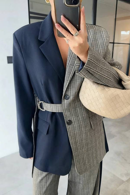Nayla Plaid Contrast Color Belted Long Sleeve Lapel Blazer and Pocketed Wide Leg Pants Set