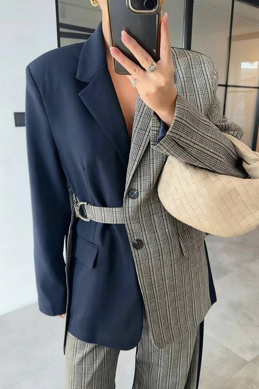 Nayla Plaid Contrast Color Belted Long Sleeve Lapel Blazer and Pocketed Wide Leg Pants Set