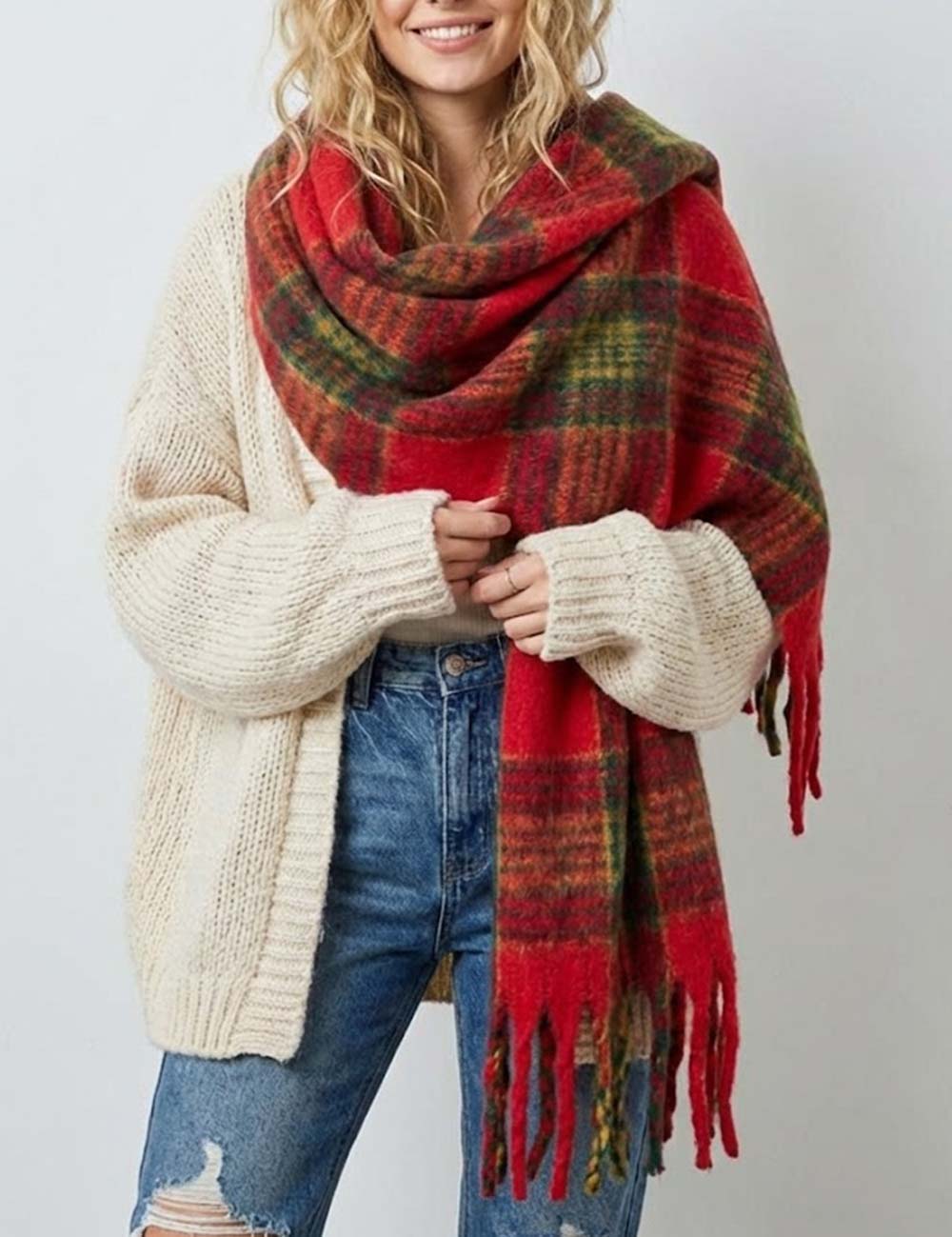 Trendy Plaid Thicken Warm Tassel Knit Scarf