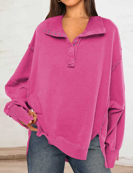 Vintage Solid Color Polo Collar Lantern Sleeve Top