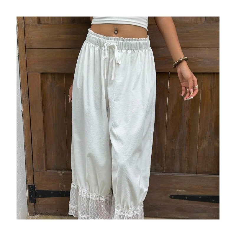 Lace Trim Wide Leg Elastic Waist Pants