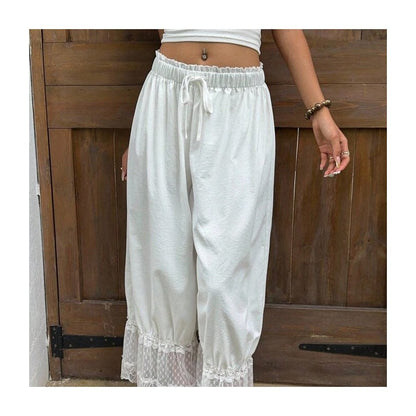 Lace Trim Wide Leg Elastic Waist Pants