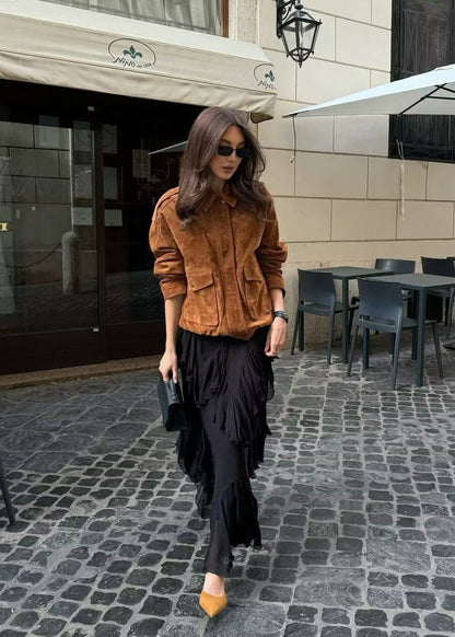 Suede Effect Oversized Jacket With Front Pockets