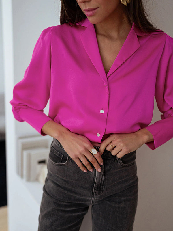 Long Sleeves Loose Buttoned Lapel Blouses&Shirts Tops
