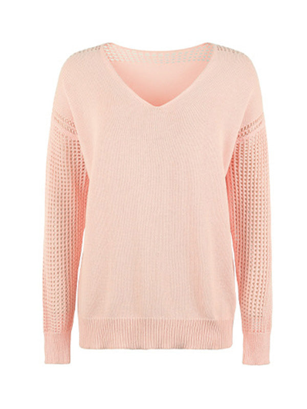 Long Sleeves Loose Hollow Solid Color V-Neck Sweater Tops