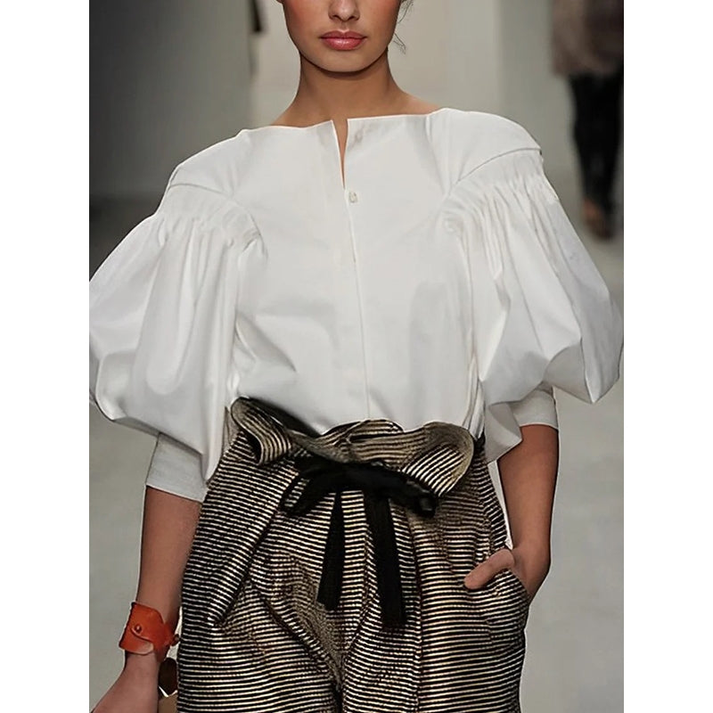 Puff Sleeves Buttoned Solid Color Blouses&shirts Tops