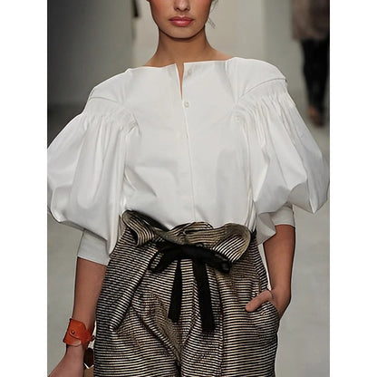 Puff Sleeves Buttoned Solid Color Blouses&shirts Tops