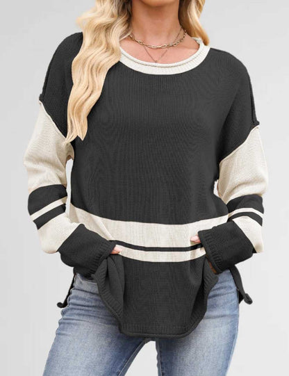 Color Block Round Neck Loose Sweater