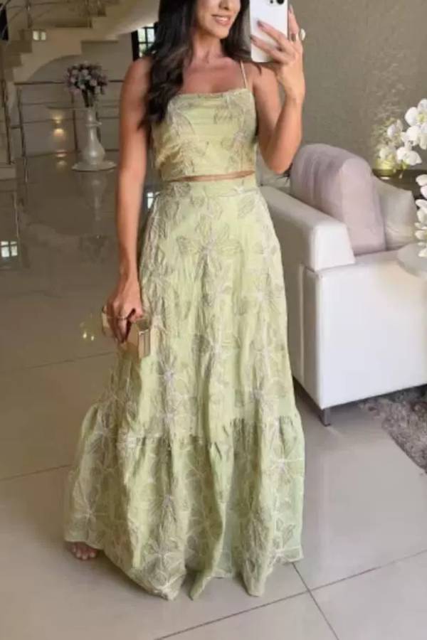 Fashion Sexy Suspender Top Elastic Waist Long Skirt Set