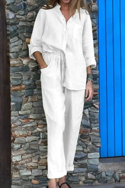 Casual Solid Color V-Neck Shirt \u0026 Pants Cotton Linen Two-Piece Set