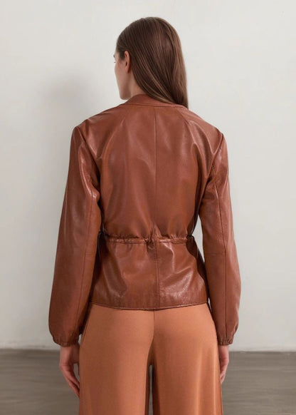 Faux Leather Zip Jacket With Drawstring Waist