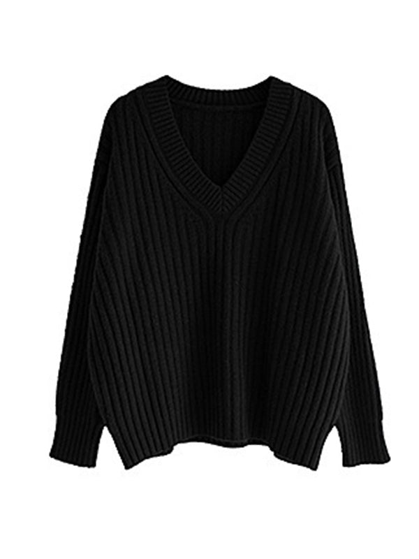 Casual Loose Solid Color V-Neck Sweater Tops