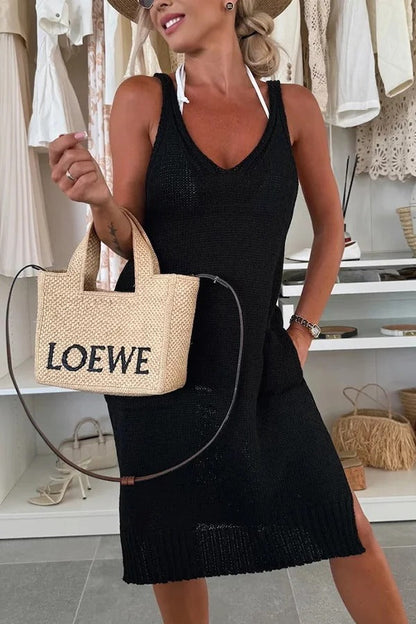 Solid Color V-Neck Sleeveless Casual Pocket Knitted Midi Dress