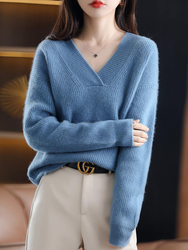 Loose Long Sleeves Solid Color V-Neck Sweater Tops