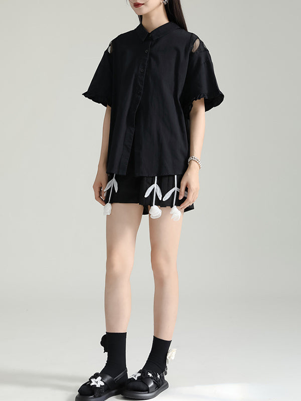 Half Sleeves Loose Buttoned Mesh Reversible See-Through Split-Back Split-Joint Lapel Blouses&Shirts Tops