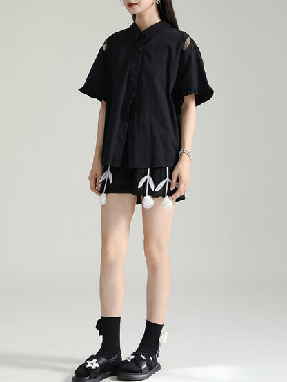 Half Sleeves Loose Buttoned Mesh Reversible See-Through Split-Back Split-Joint Lapel Blouses&Shirts Tops
