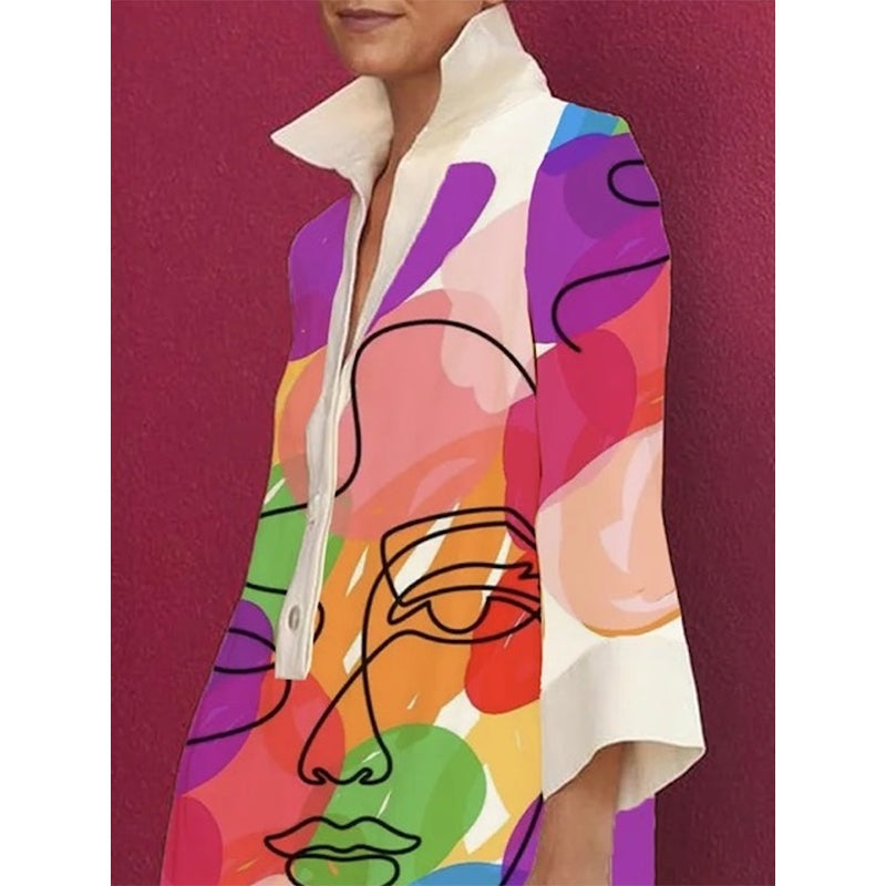 Loose Three-Quarter Sleeves Buttoned Contrast Color Figure Printed Lapel Collar Mini Dresses Short Dresses