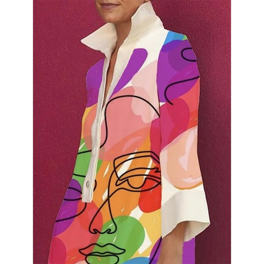Loose Three-Quarter Sleeves Buttoned Contrast Color Figure Printed Lapel Collar Mini Dresses Short Dresses