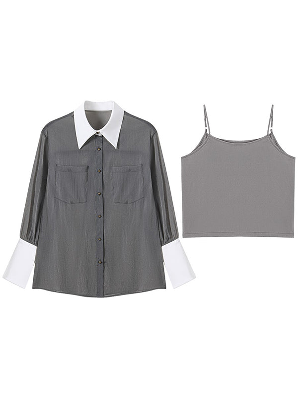 Retro Loose Contrast Collar Buttoned Blouses