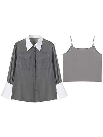 Retro Loose Contrast Collar Buttoned Blouses