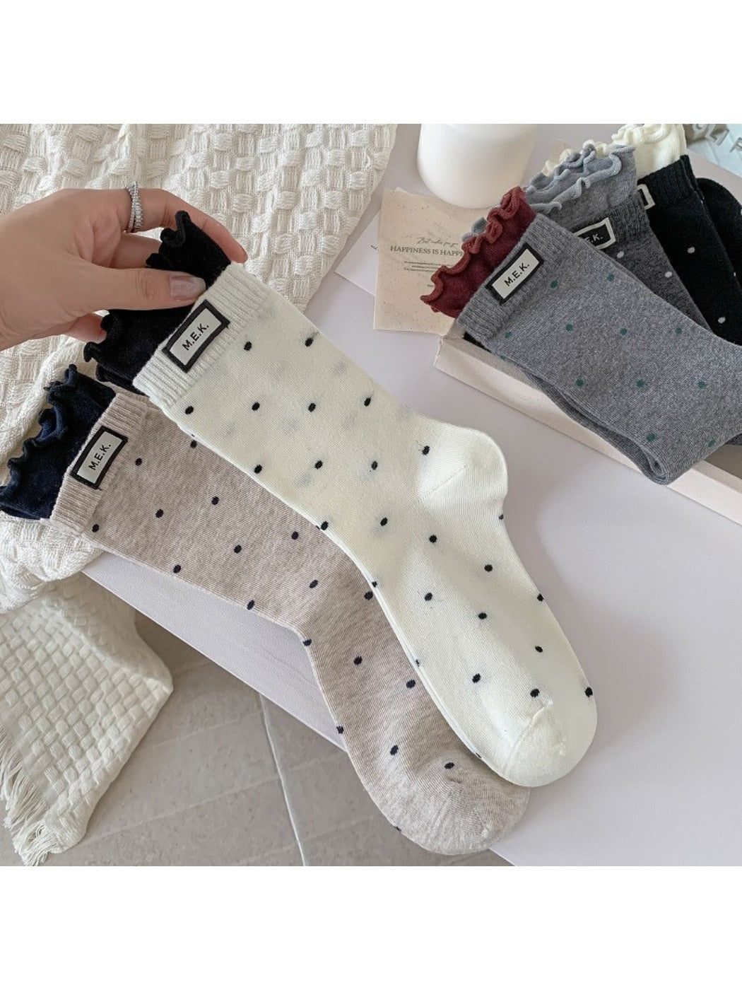 Rufia - Polka Dot Print Mid-Crew Socks with Ruffle Trim