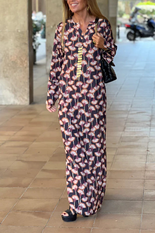 Women's Fashion Printed V Neck Long Sleeve Maxi Dress