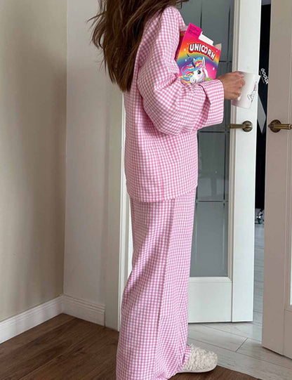 Plaid Color Contrast Long Sleeve Sleepwear Set