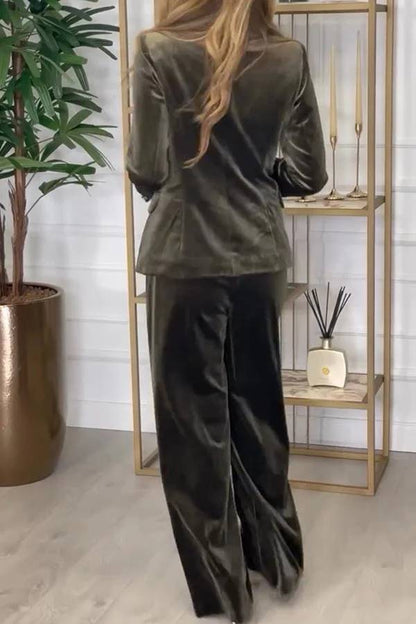Guest of Honor Velvet Metal Button Lapel Blazer and Elastic Waist Pocketed Loose Pants Set