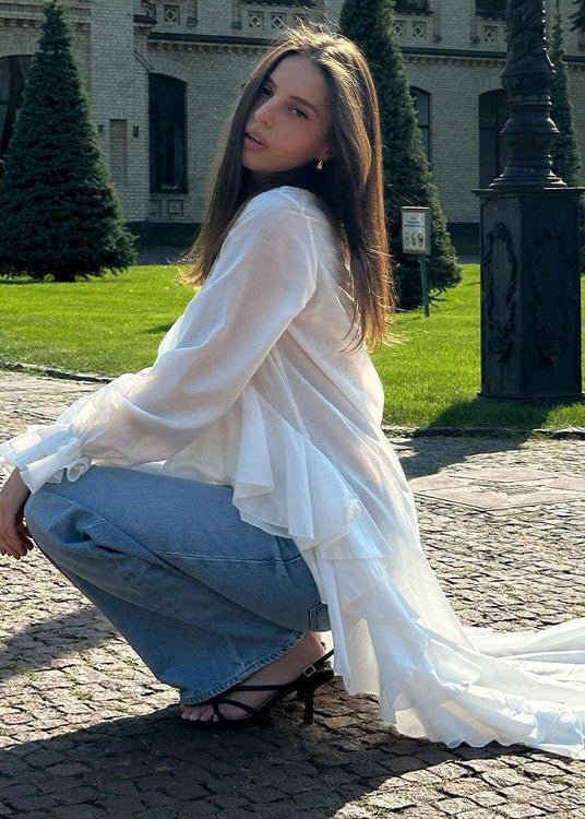 Long Ruffle High Low Blouse In Light Fabric