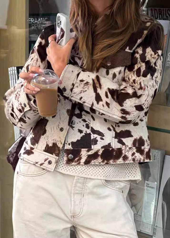 Cow Print Polyester Jacket With Chest Pockets