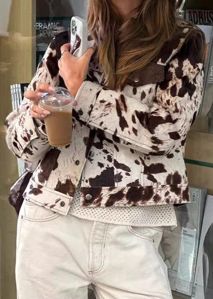 Cow Print Polyester Jacket With Chest Pockets