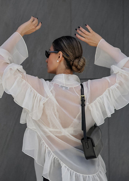 Sheer Silk Blend Ruffle Tie Front Blouse