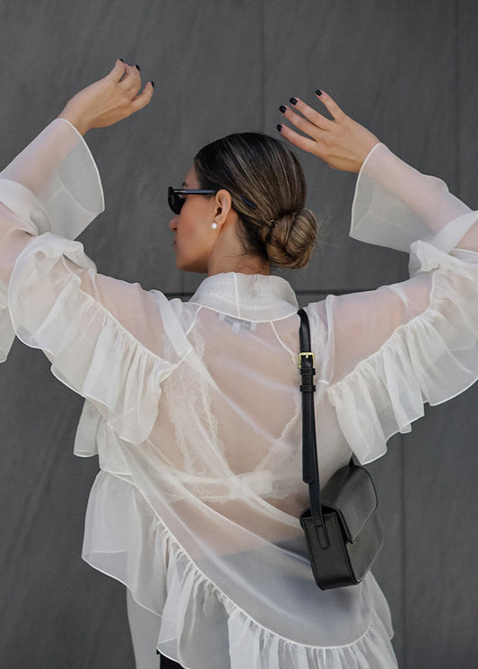 Sheer Silk Blend Ruffle Tie Front Blouse