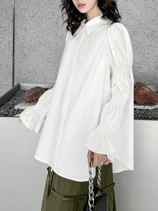 Puff Sleeves Pleated Solid Color Split-Joint Lapel Blouses