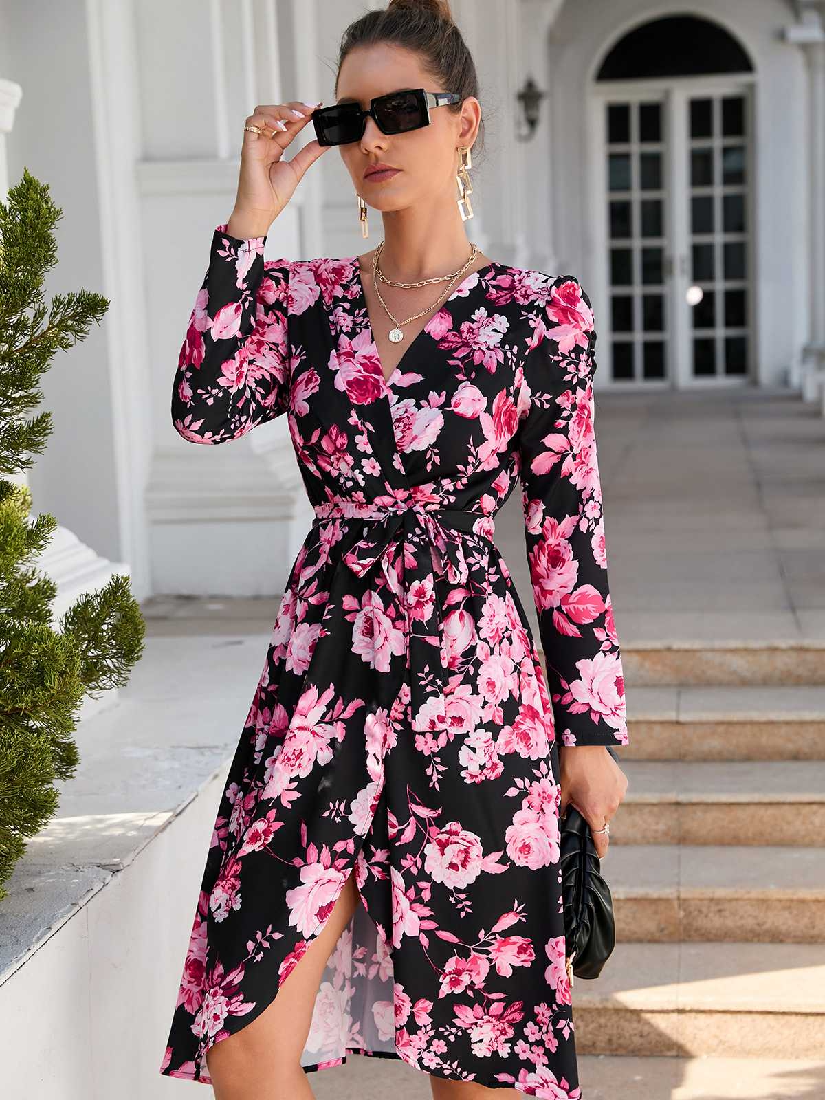 Printed Nipped-In Waist V-Neck Split Long Sleeve Dress