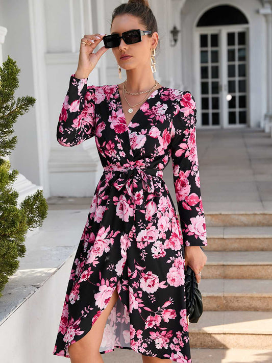 Printed Nipped-In Waist V-Neck Split Long Sleeve Dress