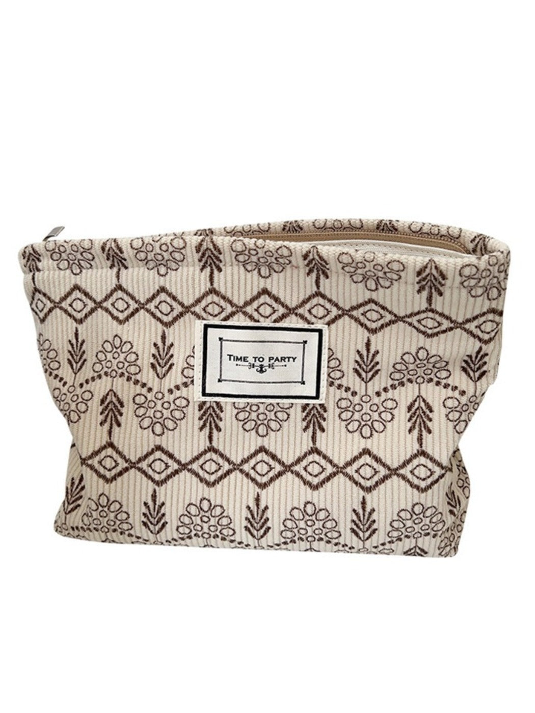 Cosbai - Fabric Geometric &amp; Floral Print Pouch Bag with Zipper