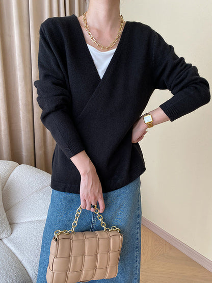 Long Sleeves Loose Asymmetric Buttoned V-Neck Cardigan Tops