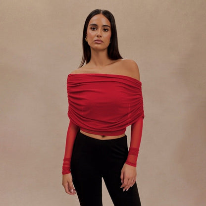Mesh Insert See Through Pleated Off Shoulder T Shirt