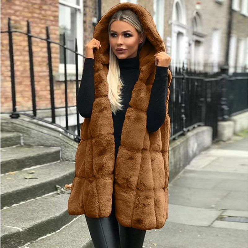 Faux Fur Hooded Vest Loose Paneled Sleeveless Outerwear