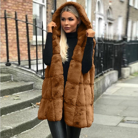 Faux Fur Hooded Vest Loose Paneled Sleeveless Outerwear