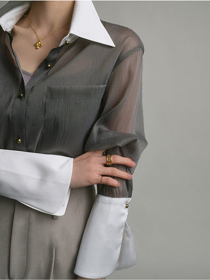 Retro Loose Contrast Collar Buttoned Blouses