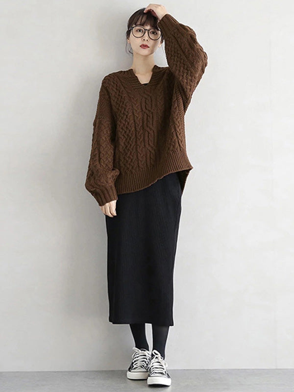 Stylish Loose Jacquard Solid Color V-Neck Sweater